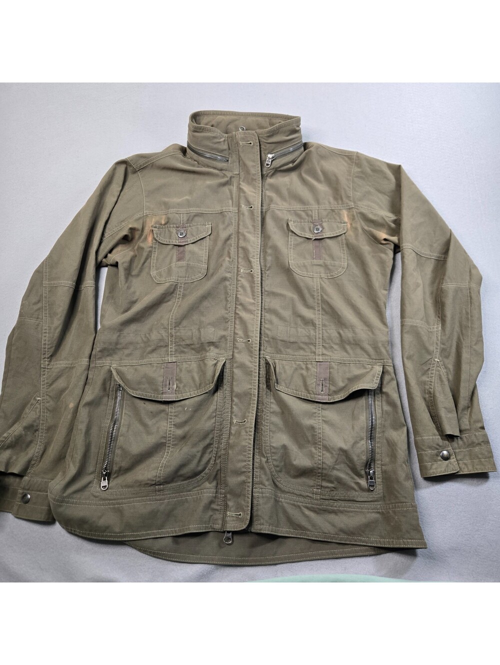Kuhl Womens Rekon Jacket Size Medium Lightweight Utility Gray Hidden Hood Zip